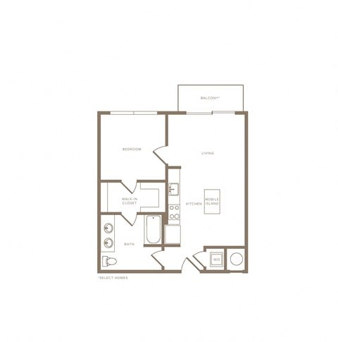 Floor plan for 1 bed, 1 bath, 684 sqft